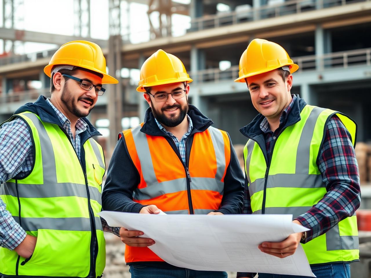 Engineers reviewing construction blueprints on site