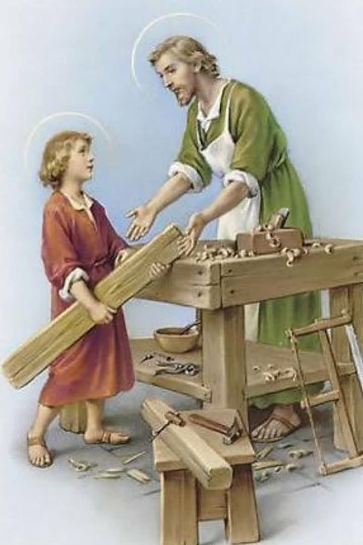 Saint Joseph the Carpenter working with the young Jesus